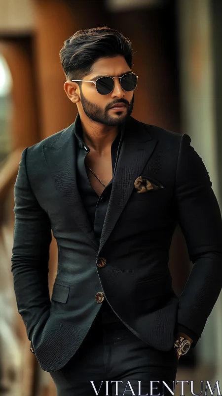 Stylish man in black suit with sunglasses in warm light.