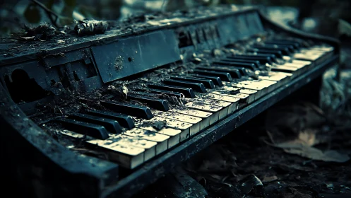 Forgotten piano keys resting quietly in the forest dusk.
