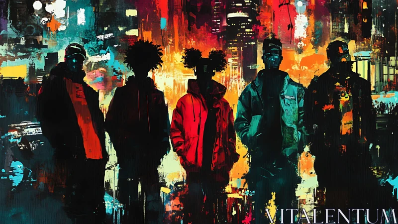 Silhouetted figures stand before a saturated urban nightscape