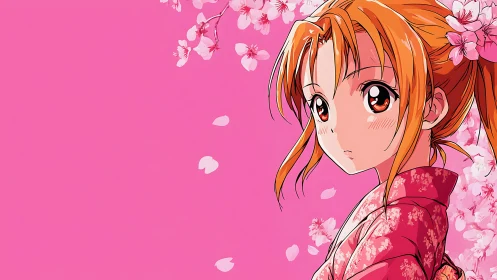 Anime girl in pink kimono beside falling cherry petals.