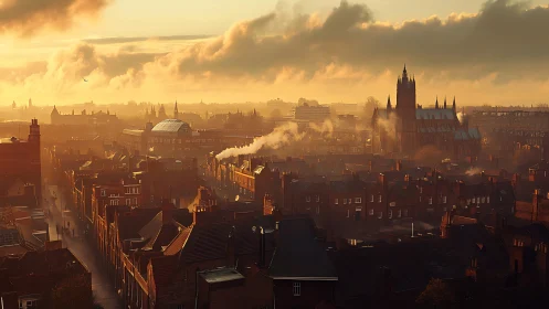 Sunlit industrial city skyline glows through golden morning haze