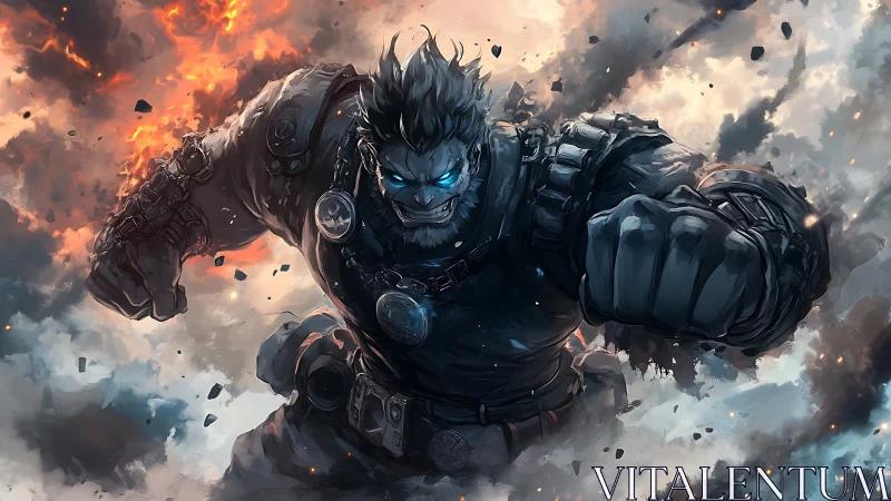 Armored berserker surges through flaming storm clouds.