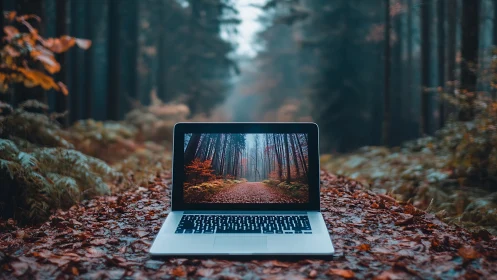 Laptop portal aligning digital display with forest path scene.