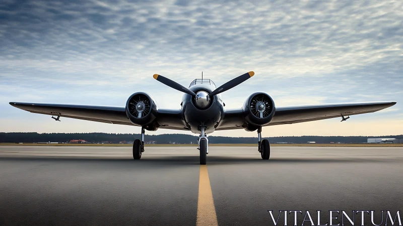 Twin‑engine vintage aircraft aligned on runway centerline