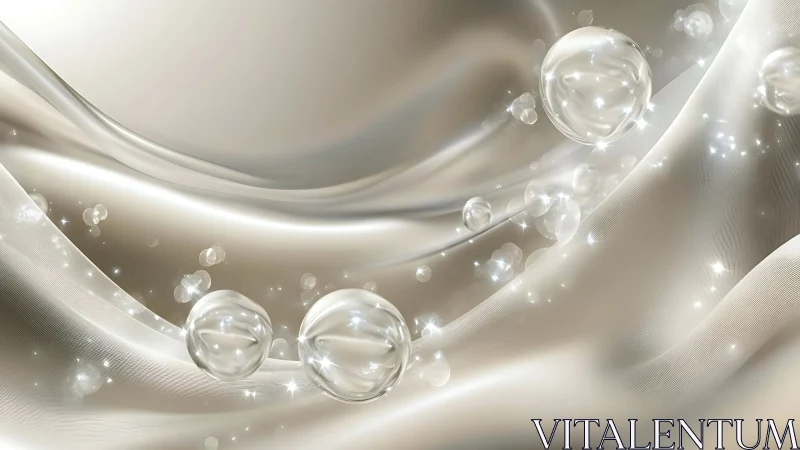 Shimmering silver waves with floating glass-like spheres.