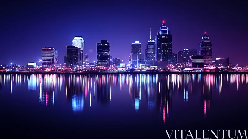 Neon city skyline glows softly above calm reflective water