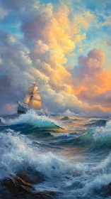 Sunlit tall ship rides stormy teal waves beneath glowing clouds.