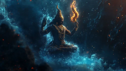 Mythic deity rendered in volumetric ocean mist with emissive fire