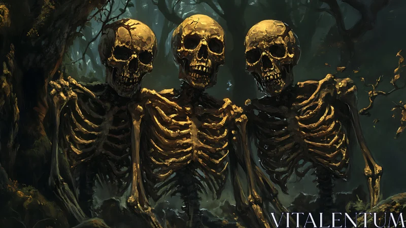 Three human skeletons standing closely in dark forest setting.