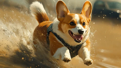 Corgi dog sprinting through shallow water in bright light.