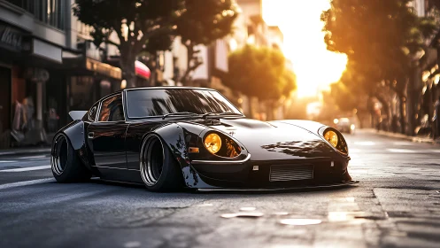 Midnight street samurai: low-slung classic in molten sunset.
