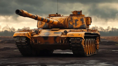 Storm-brewed yellow battle tank under brooding winter sky.