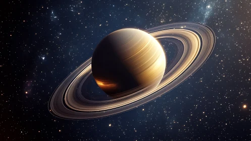 Ringed gas planet with illuminated rings in star field.