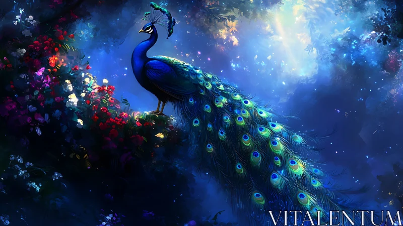 Majestic blue peacock glows within enchanted forest light.