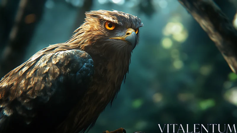 Majestic eagle in vibrant forest, hyper-realistic digital art style.