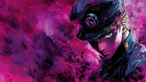 Brooding anime captain in riotous magenta paintstorm glare.