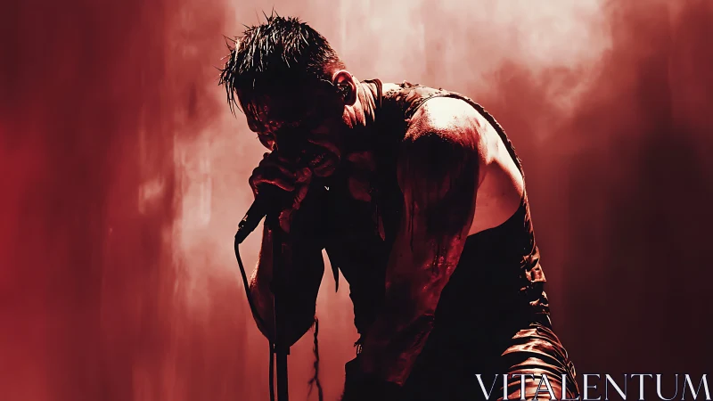 Sweat drenched rock singer grips microphone under red haze