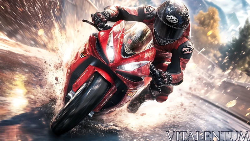 Red superbike racer leans into a wet, explosive street turn.