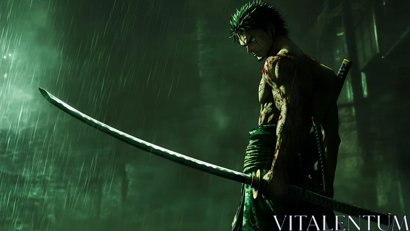 Green haired swordsman stands wounded in dark rainstorm.