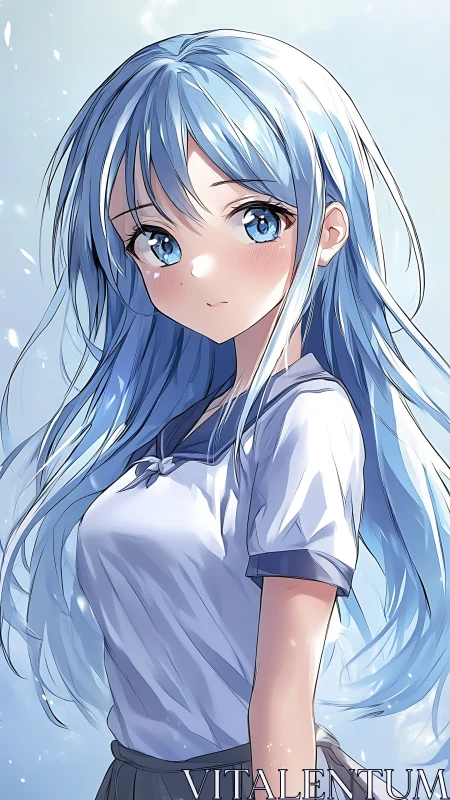 Gentle blue haired schoolgirl bathed in soft morning light.