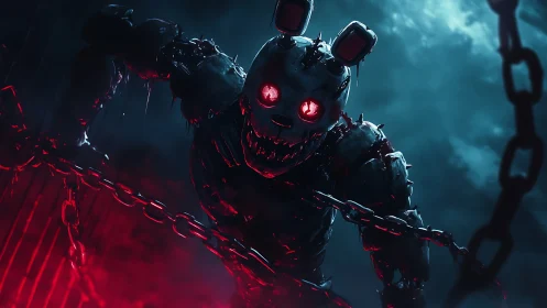 Cybernetic demon rabbit looms in chains and neon mist.