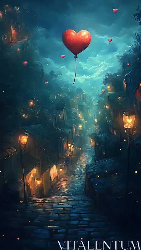 Red Heart Balloons Illuminate the Twilight City Street.