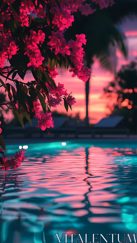 Poolside floral branch reflects colored sunset light