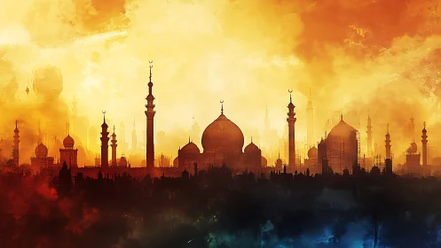 Silhouetted domes and minarets glow against a blazing sky