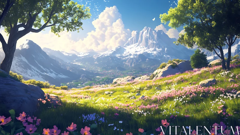 Sunlit alpine meadow unfolds beneath majestic snowy peaks