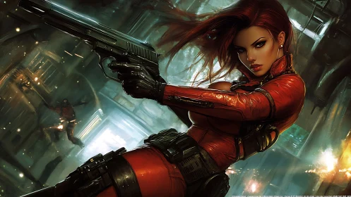 Cinematic digital painting of armed red-suited femme fatale.