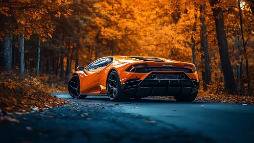 Orange supercar glows against fiery autumn forest backdrop.