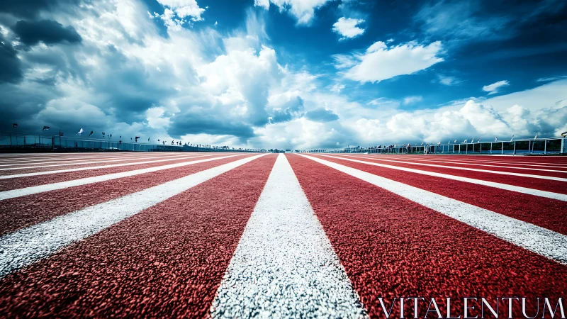 Low-angle vanishing point view of red athletics track lines