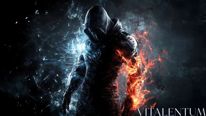 Hooded elemental warrior stands between ice and blazing fire