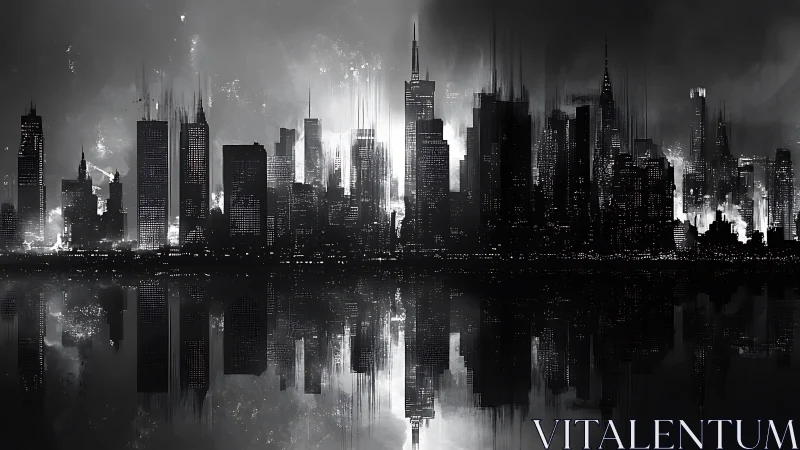 Noir metropolis skyline mirrored over hazy reflective water.