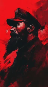Stoic sea captain emerges from bold red abstraction