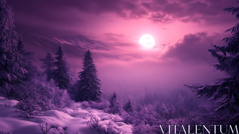 Winter conifer forest under magenta moonlit fog layer.