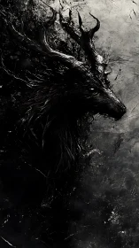 Dark stag portrait in swirling abstract shadows and light.