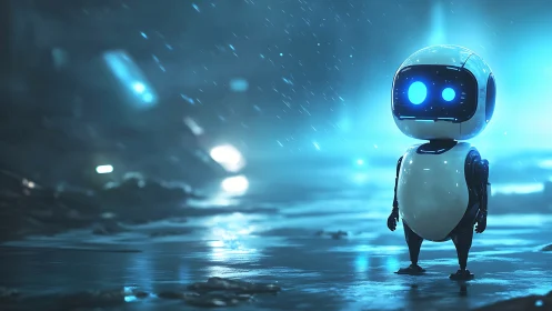 Small blue eyed robot stands in rainy neon city street.
