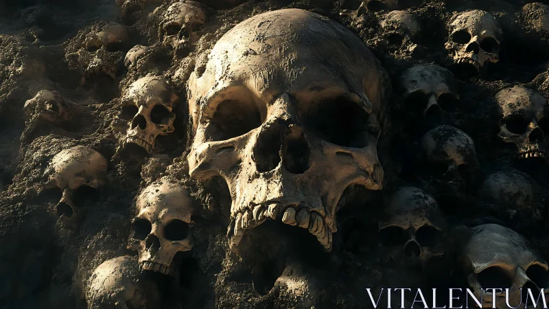 Towering skull wall emerges from dark, earth-caked depths.
