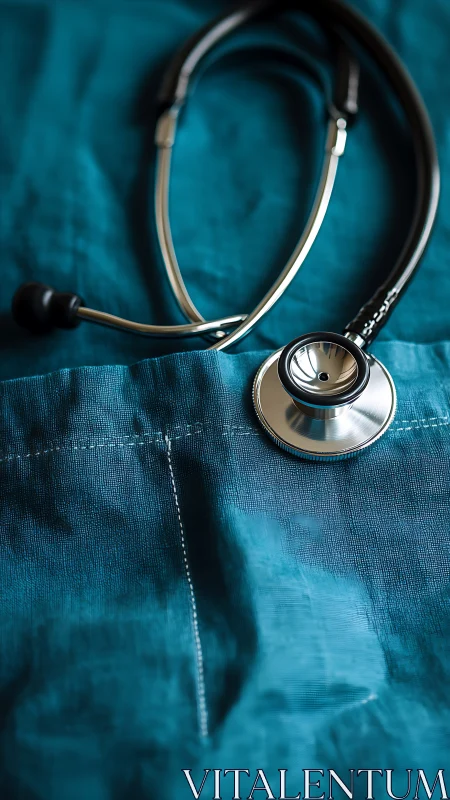 Stethoscope rests on teal medical fabric with visible stitching