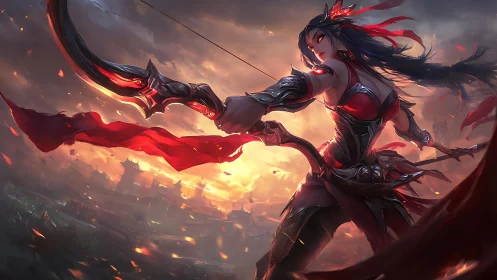 Armored archer drawing ornate bow against burning skyline