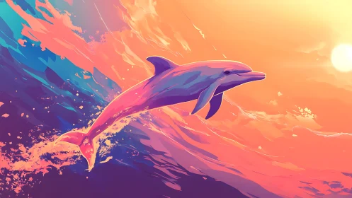 Dolphin arcs above stylized ocean under vivid sunset sky