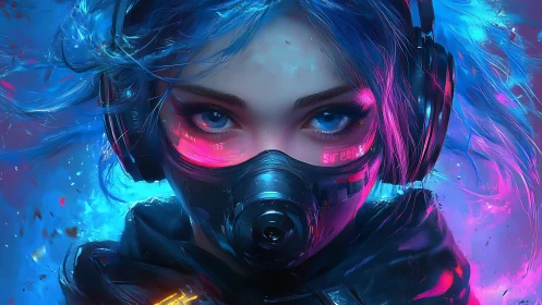 Neon storm hacker locks eyes through a glowing cyber mask