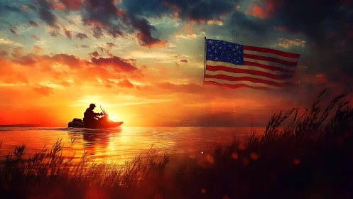 Sunset jet ski silhouette with aerodynamically tensed US flag.