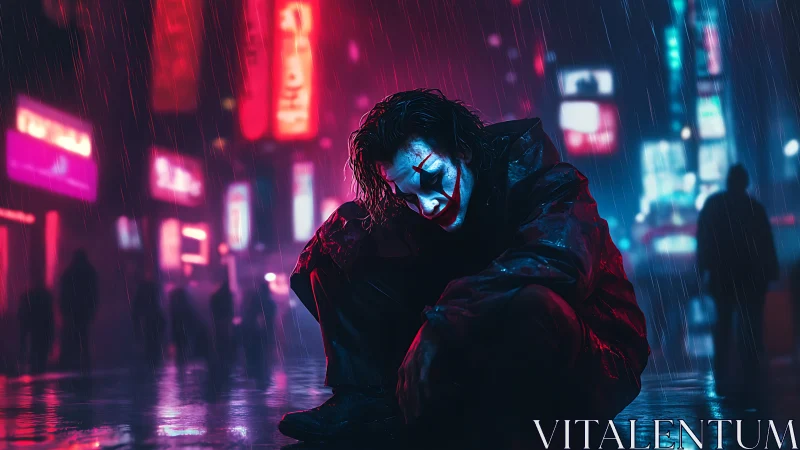 Solitary clown figure crouches in neon‑lit cyberpunk rain