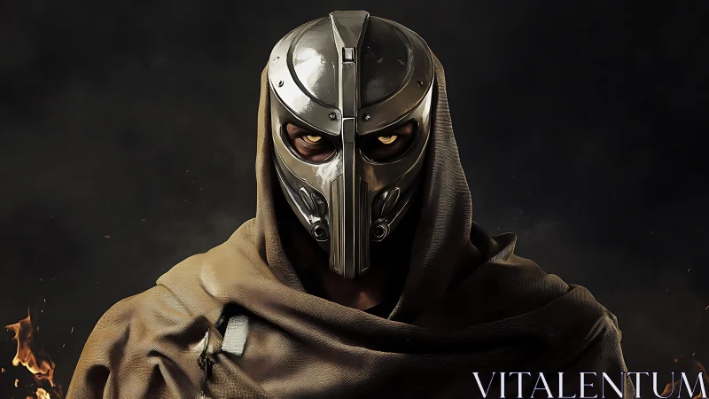 Hooded metal-masked warrior stares through ominous shadows.