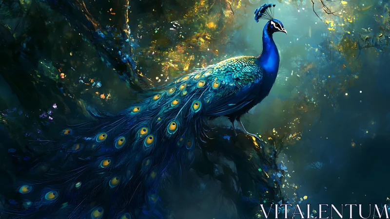 Iridescent forest peacock rendered with luminous digital plumage.