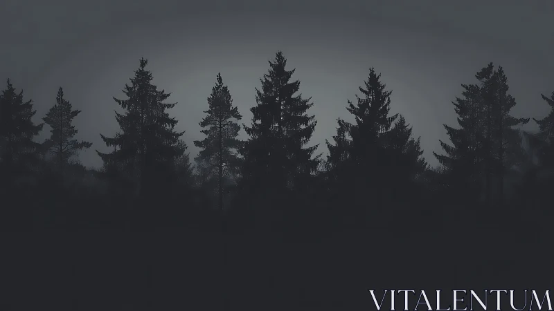 Monochrome conifer silhouette study with misty horizon line.