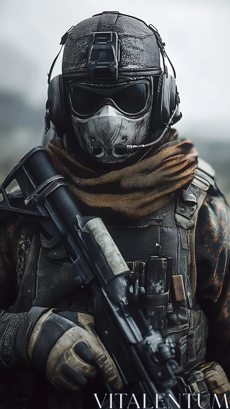 Heavily armed tactical soldier in full combat gear.