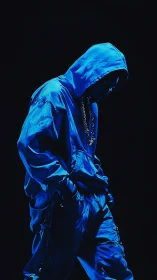 Moody blue hooded figure glowing in the dark night.